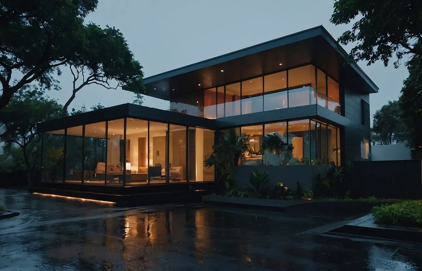 Modern house with large windows surrounded by trees