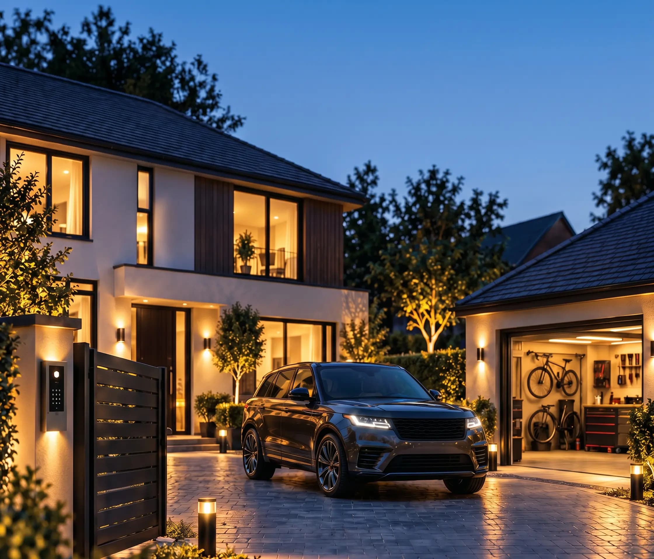 Modern home at dusk with a car on the driveway, a smart gate and an open garage